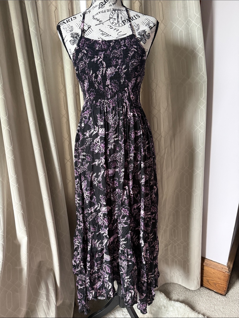 Free People Smocked Halter Floral Midi Dress in Black and Lilac